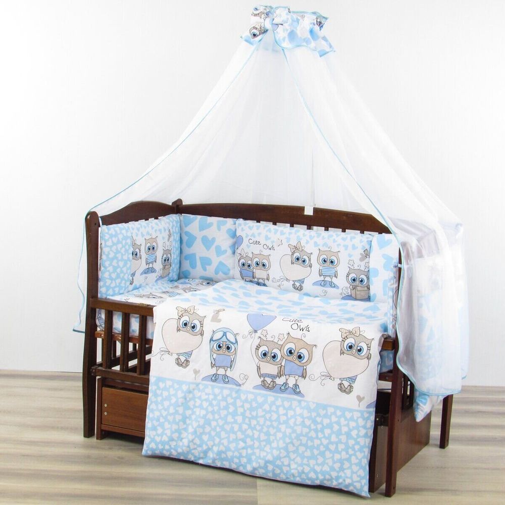 Спальний комплект для новонароджених Сови голубі 8 предметів