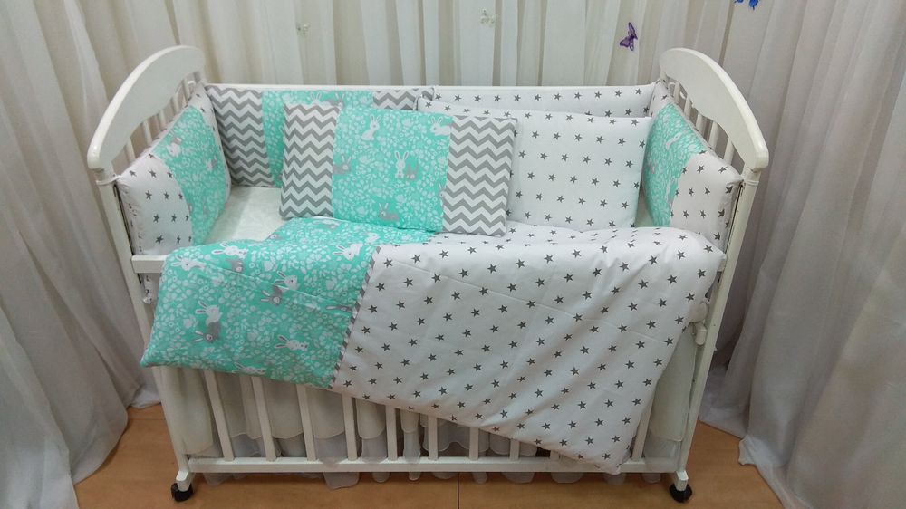 Бортики в кроватку 6 подушок + ліжко КРОЛИКИ м'ятного кольору, 90х110 см, бортики з постіллю
