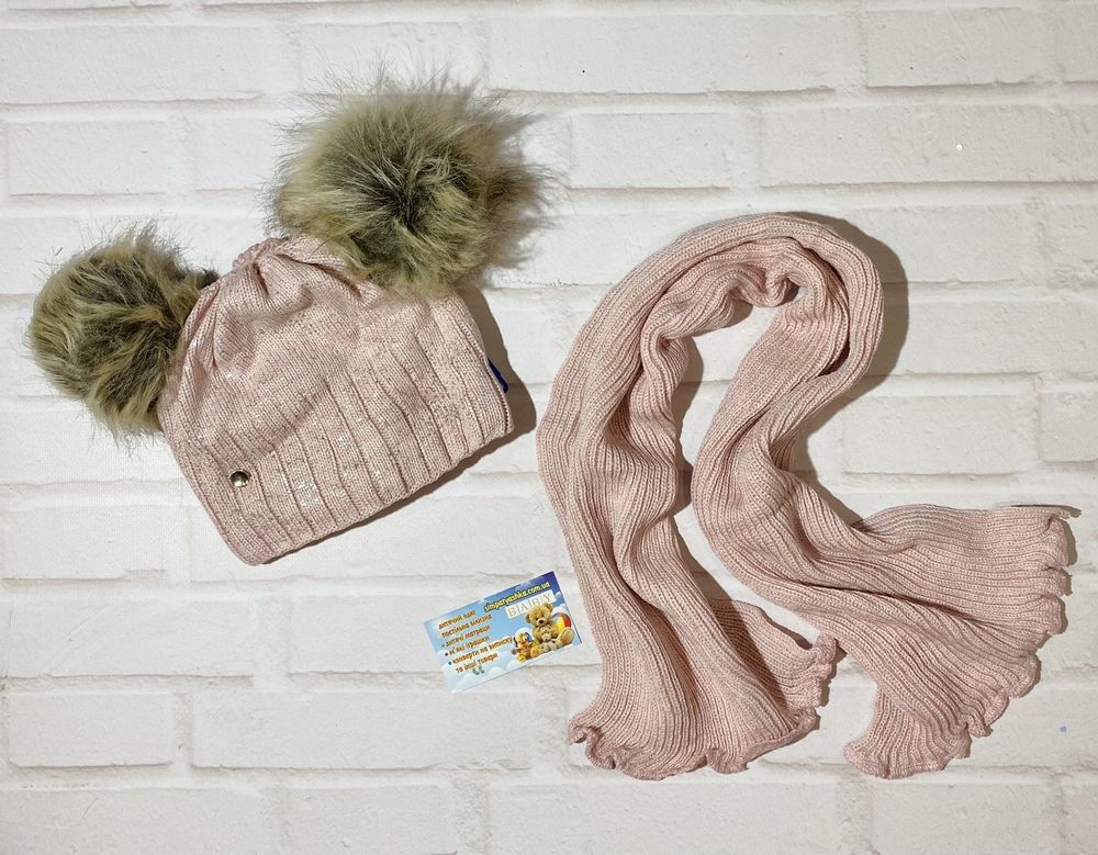 Зимова шапка КІШКА-4 з помпонами + шарф, на флісі