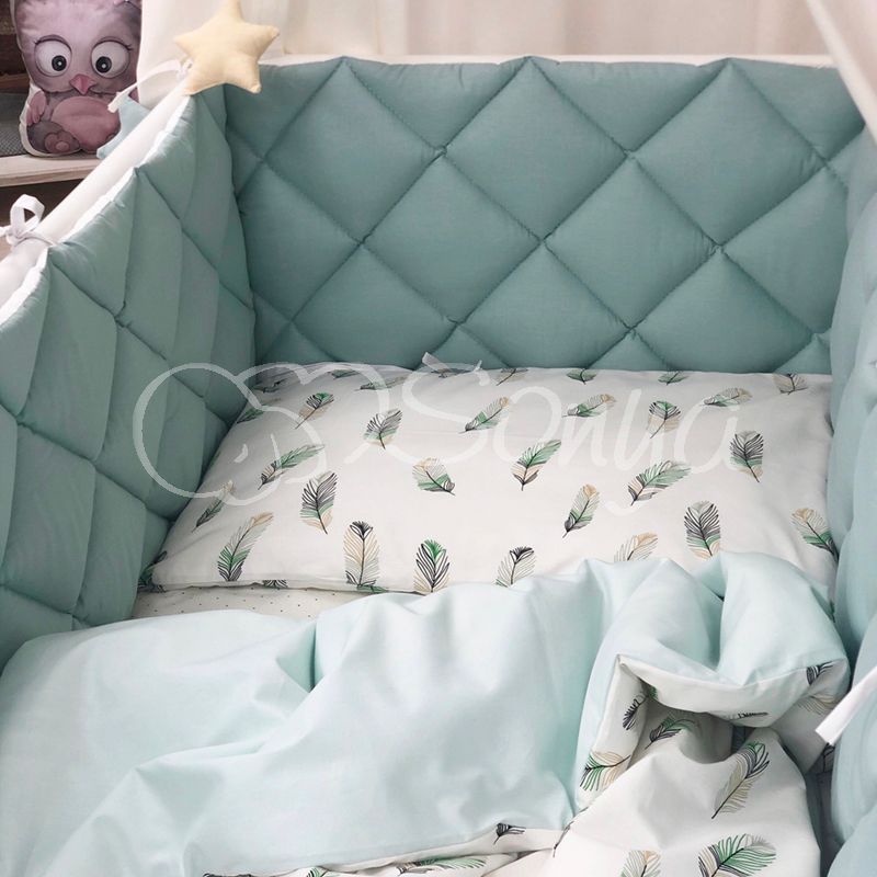 Спальний комплект із бортиками для новонародженого Feather mint, без балдахіна