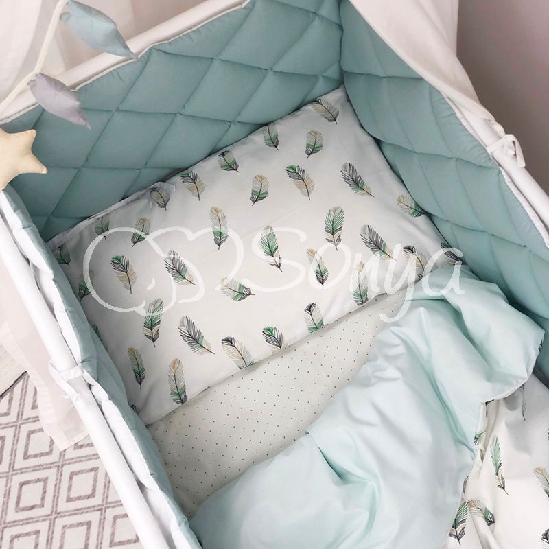 Спальный комплект с бортиками для новорожденного Feather mint, без балдахина