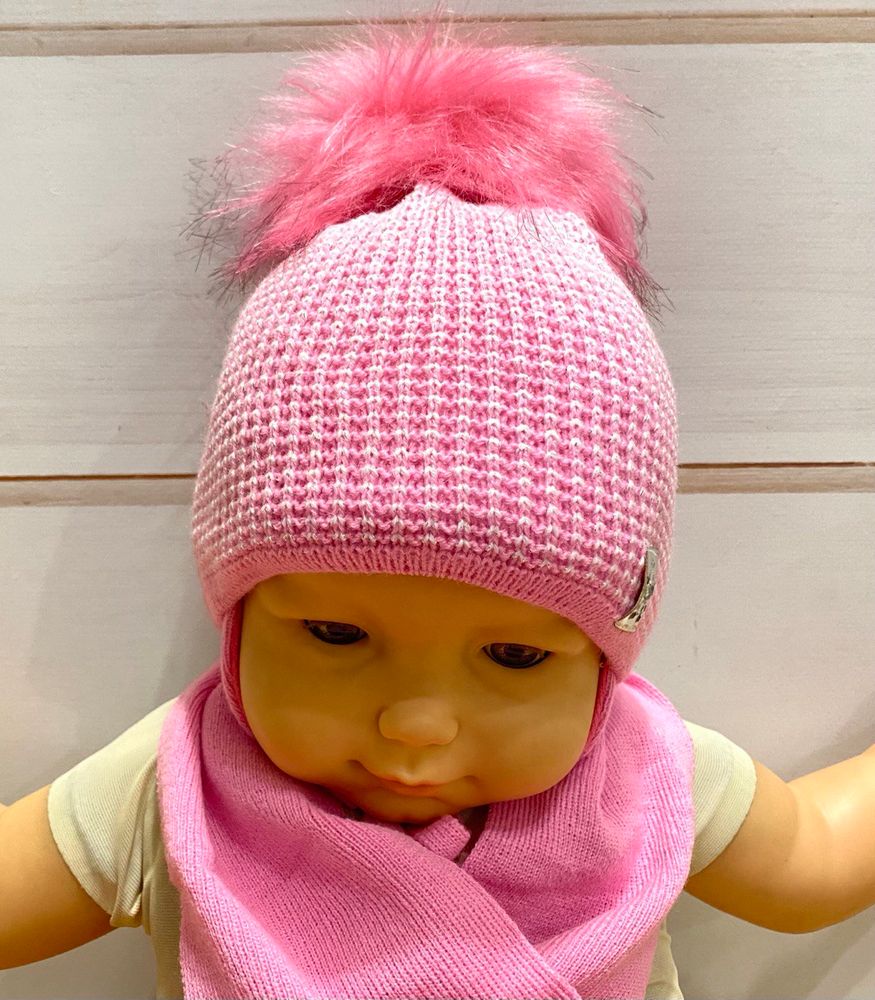 Зимняя шапочка + шарф Жемчужный Узор для новорожденной розовая, обхват головы 40 - 42 см, Вязка, Шапка