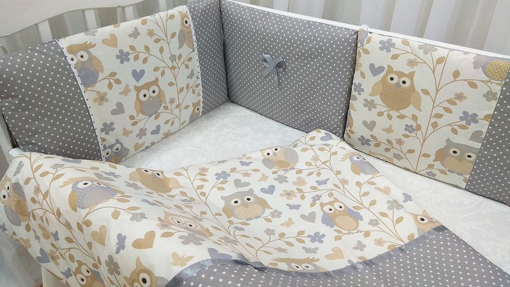 Постельные комплекты в кроватку для новорожденных Совушки 8 подушечек горошек 2