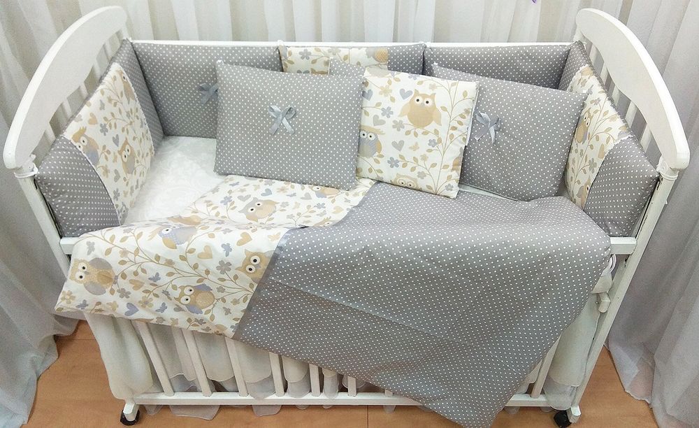 Постельные комплекты в кроватку для новорожденных Совушки 8 подушечек горошек фото