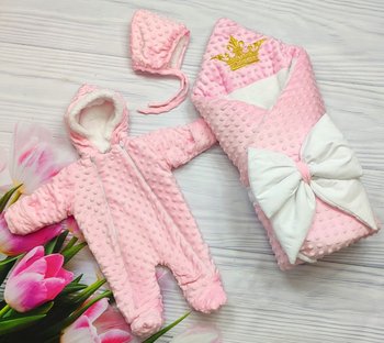 Теплый комплект на выписку с роддома Минки для новорожденных: конверт одеяло + шапочка с комбинезоном розовый