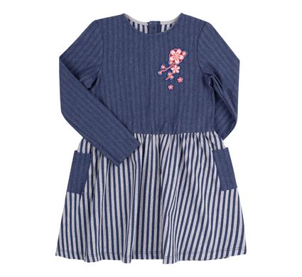 Весеннее платье для девочки Цветочек полоска, Синий, 146, Трикотаж