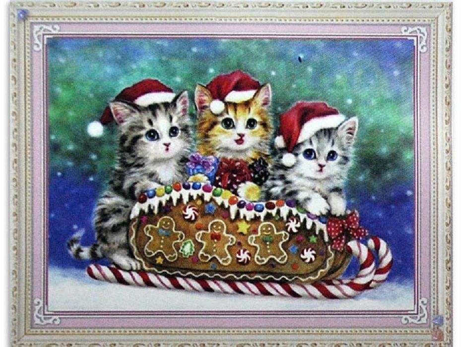 Набори для вишивання хрестом з малюнком на канві 70х54 Різдвяні кошенята