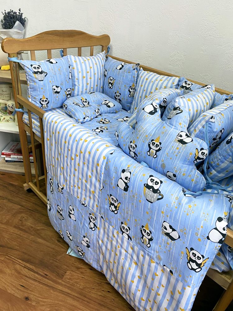Спальний комплект Хмарка Панда 12 подушок блакитний, без балдахіна