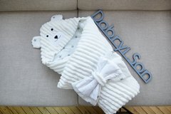 Плюшевый конверт одеяло с капюшоном Медвежонок белый страйпс + бязь