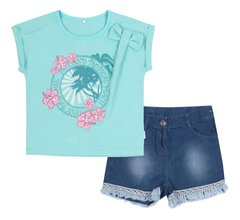 Летний костюм для девочки футболка бирюза + шорты джинс, Бирюзовый, 104, Костюм, комплект