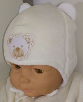 Утеплена велюрова шапочка для малюків та новонароджених Мішутка молочна