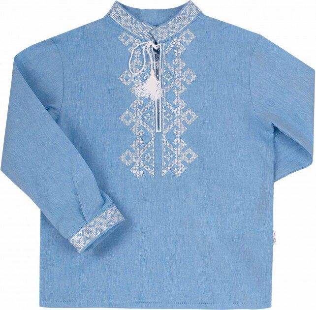 Дитяча сорочка вишиванка блакитна білий принт, 110, Бавовна