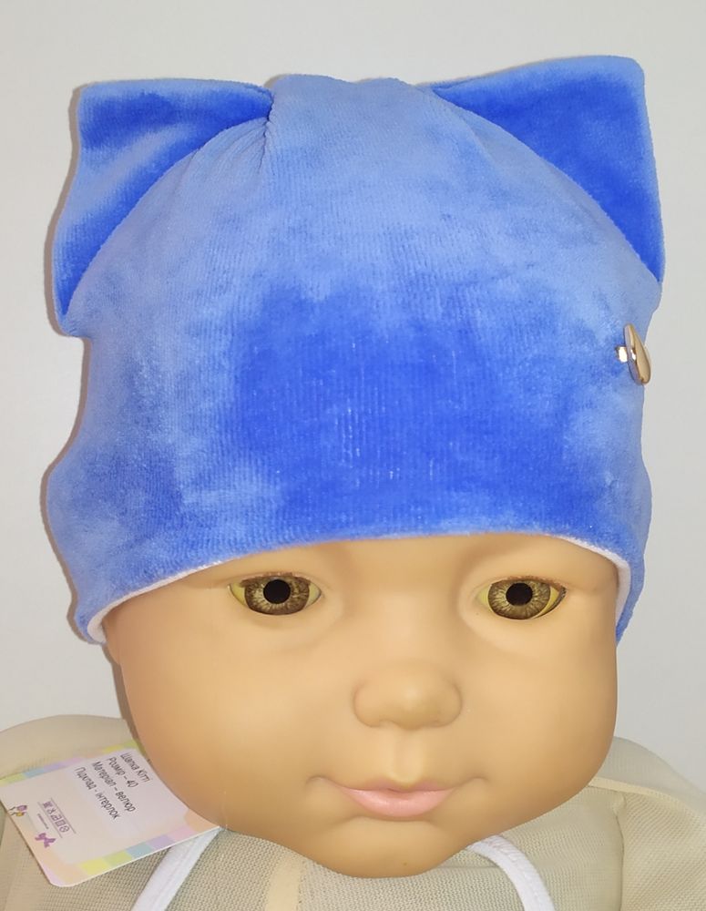 Шапочка для новорожденных или малышей на осень или прохладную весну Котята синяя