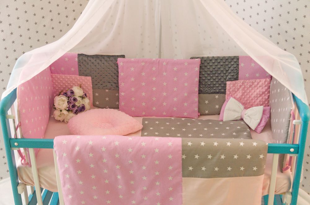 Защита - бортики в кроватку Есо 3 Minky серо - розовый, бортики без постели