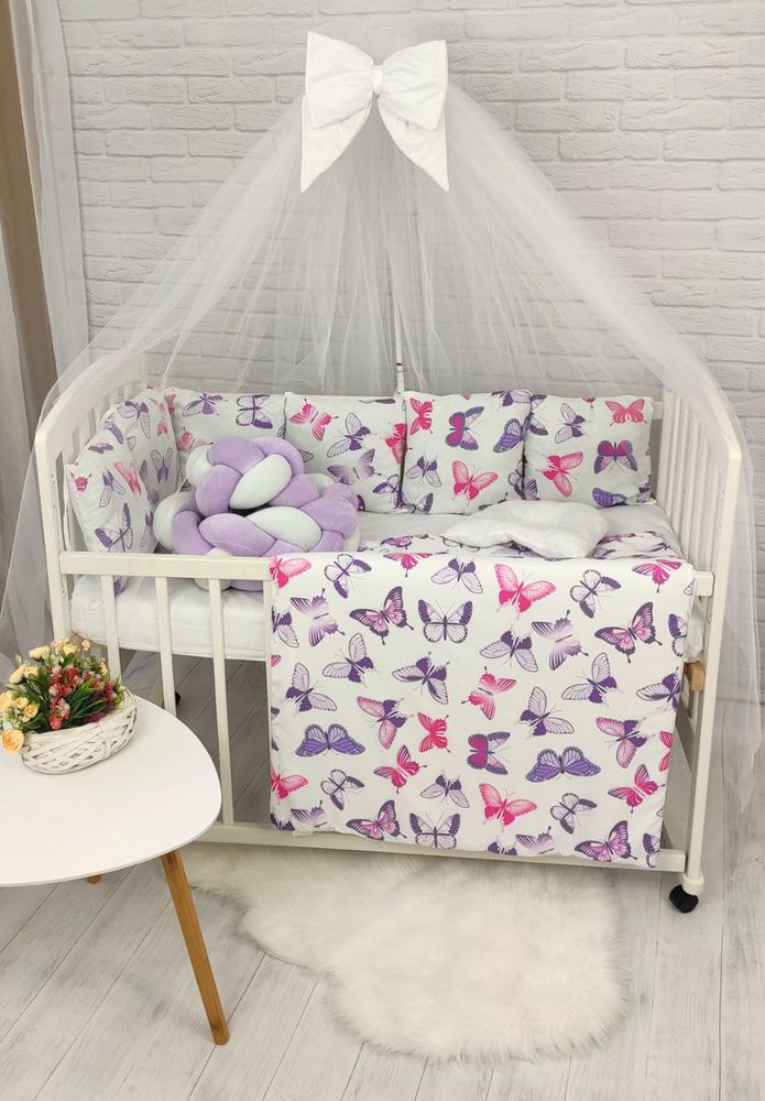 Детский постельный комплект в кроватку для новорожденных с балдахином Бабочки