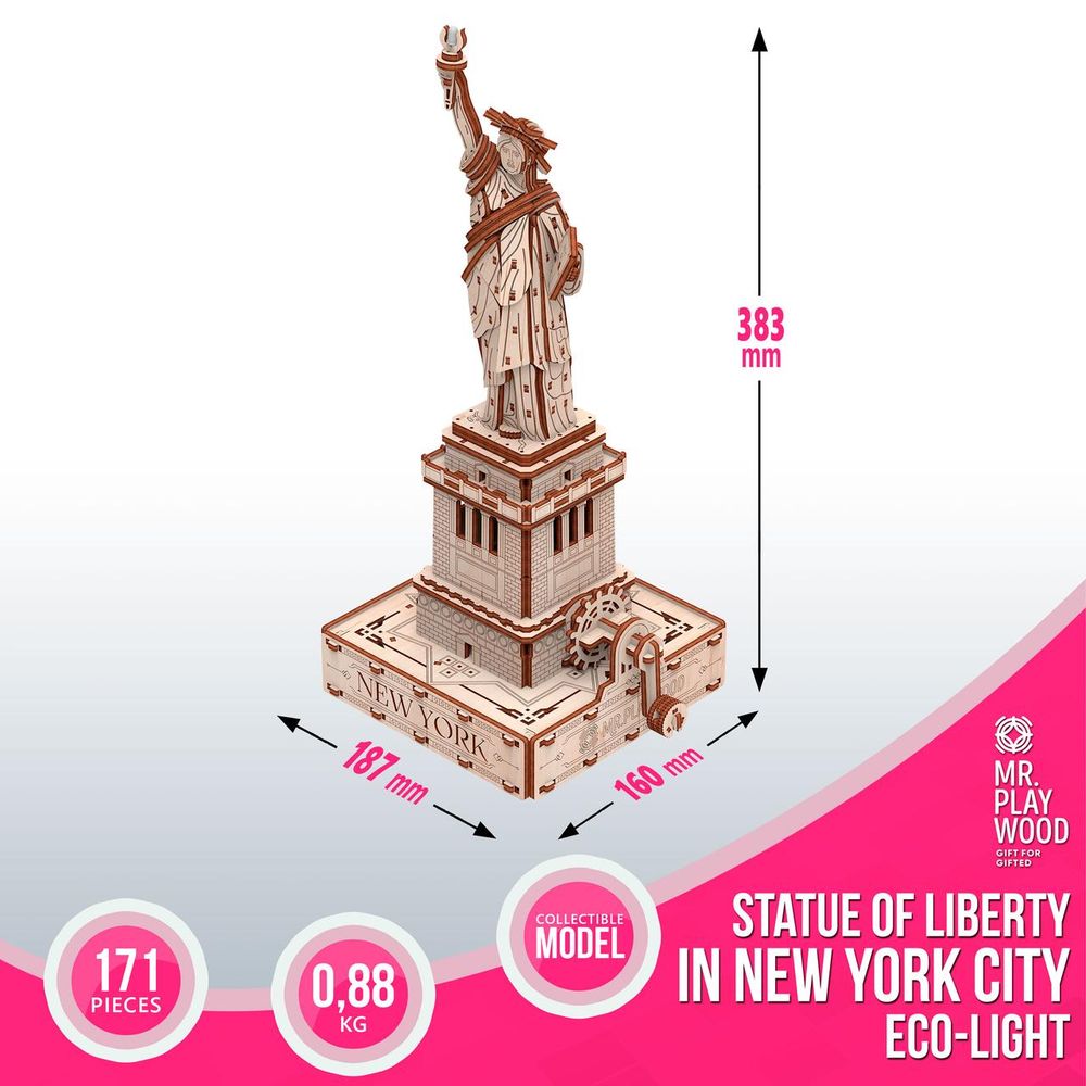 Фото, купити Статуя Свободи (Еко - лайт) конструктор механічний дерев'яний 3D, ціна 1 080 грн