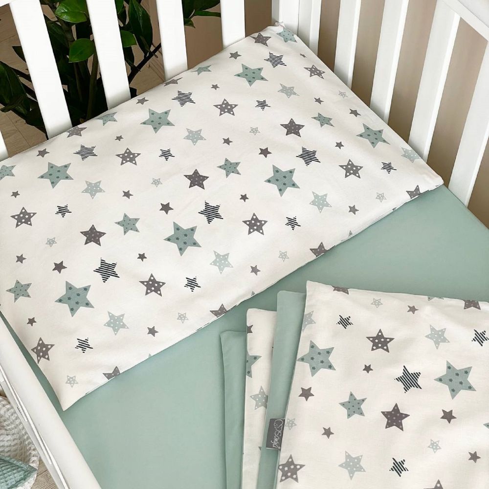 Сменный комплект постельного белья в кроватку для новорожденных Звезда мята (пододеяльник, наволочка, простынь)