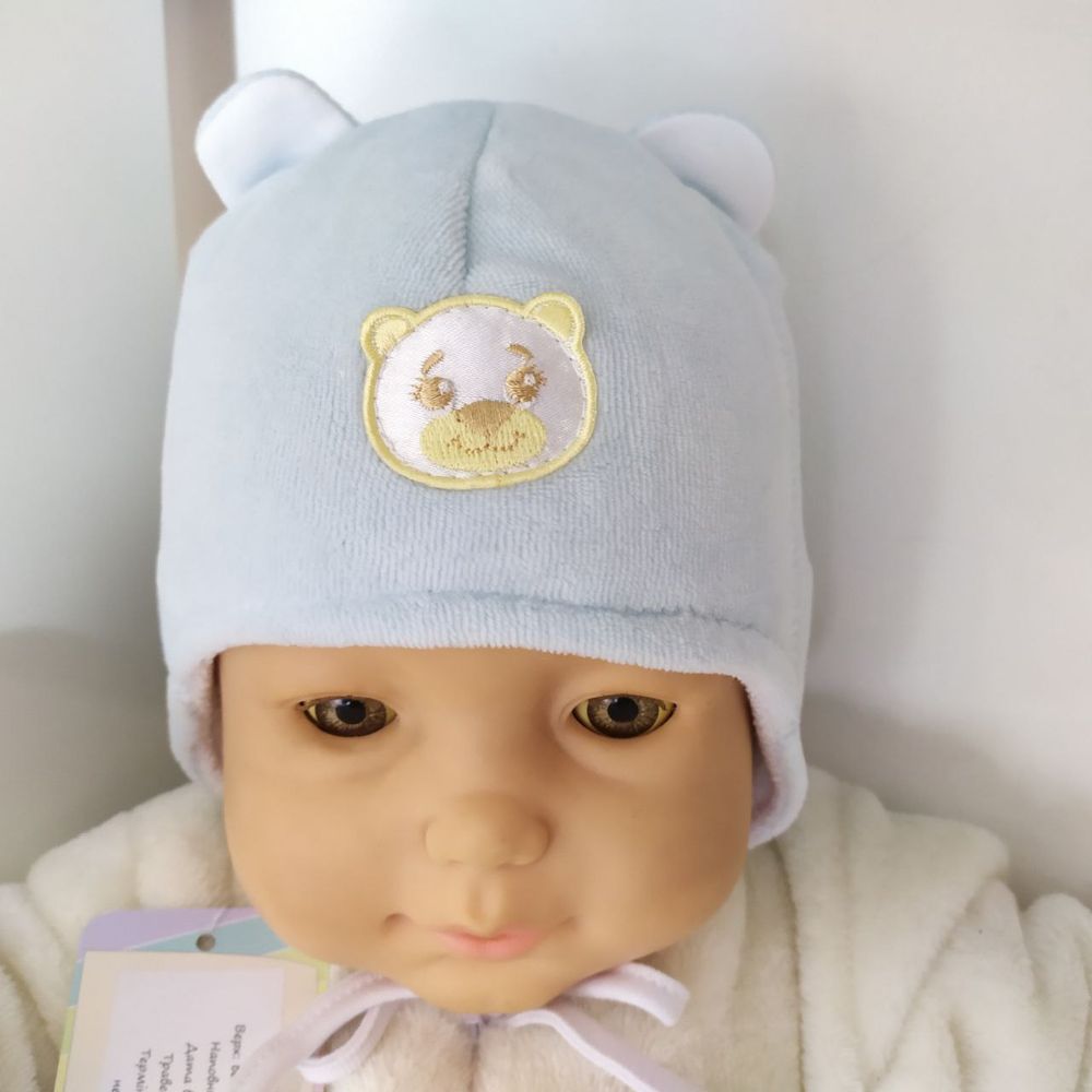Утепленная велюровая шапочка для малышей и новорожденных Мишутка голубая