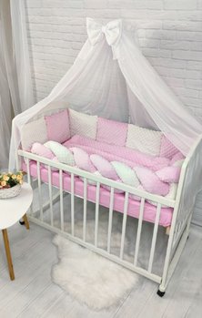 Дитячий постільний набір у ліжечко для новонароджених з балдахіном та бортиками Мінки + бортики коса рожевий+молочний