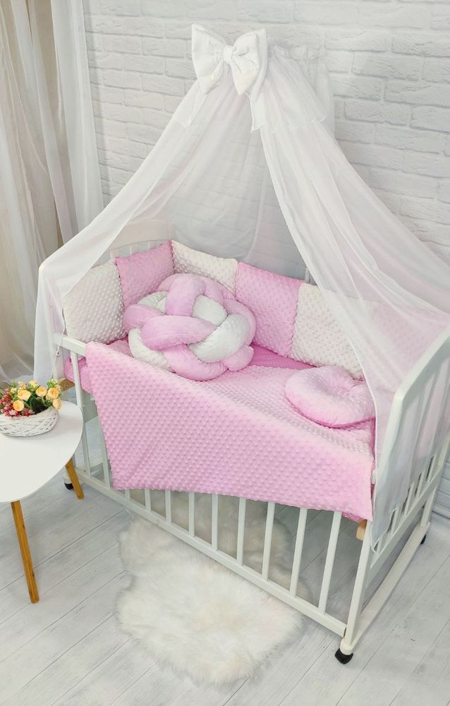 Постельный комплект в кроватку с балдахином минки розовый+молочный, с балдахином