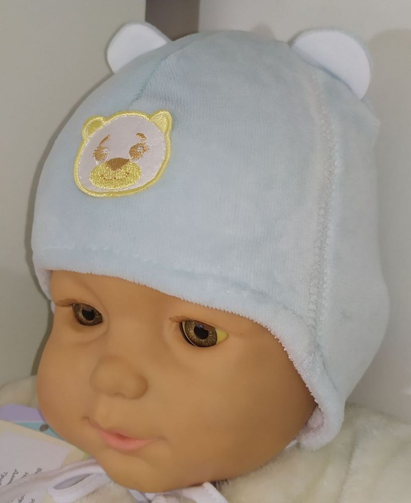 Утеплена велюрова шапочка для малюків та новонароджених Мішутка блакитна