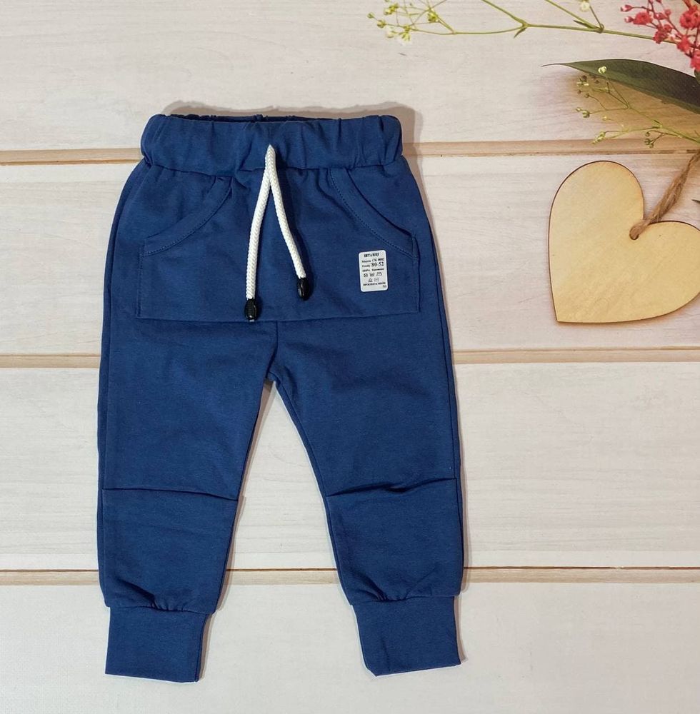 Трикотажные штанишки с манжетами Джоггеры синие, 80, Кулир