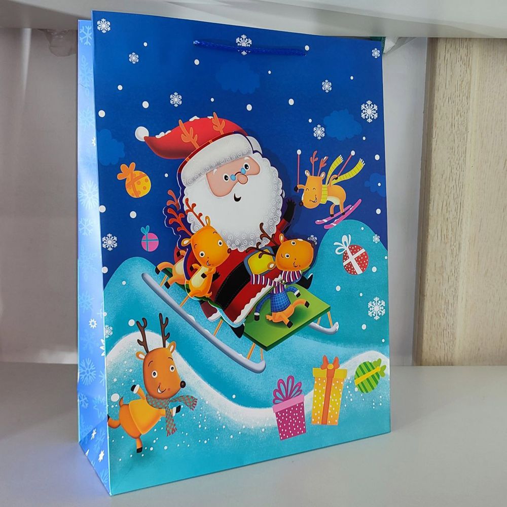 Бумажный новогодний пакет 23х18х8 см c Аппликацией Санта 4 дизайна, Маленькие, Новогодний