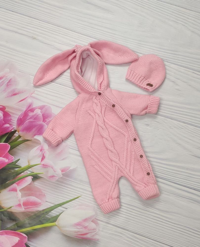 Теплый комплект на выписку с роддома bunny розовый, 56, Вязаное полотно, Для девочки