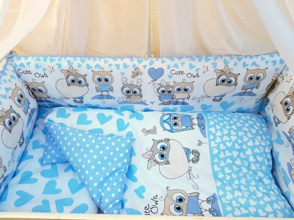 Комплект в ліжечко СОВИ з бортиками і балдахіном блакитний дизайн 8 елементів