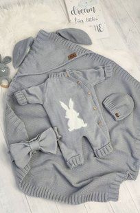 Весняно літній в'язаний комплект на виписку Bunny сірий, 0-3 місяці, В'язане полотно