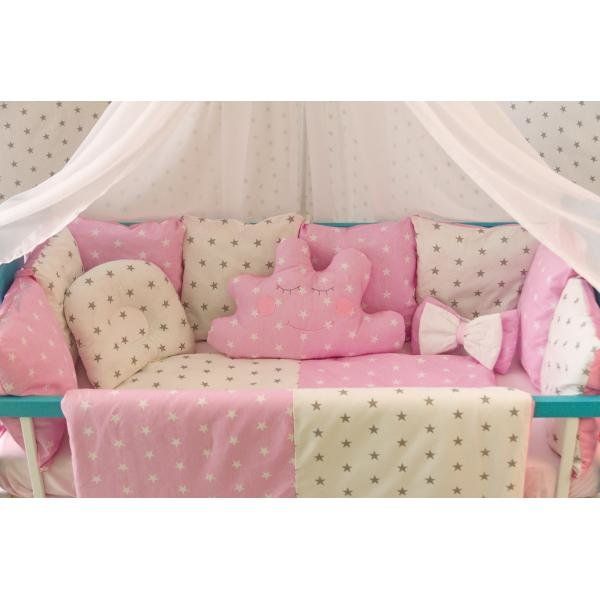Детский спальный комплект Облако бело - розовые звезды, без балдахина