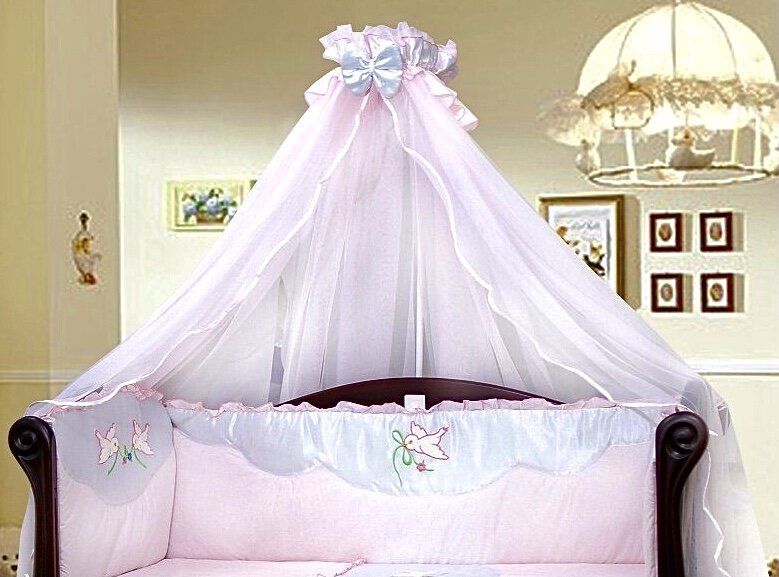 Балдахін на дитяче ліжечко СВІТАНОК сіточка + рожева оборка