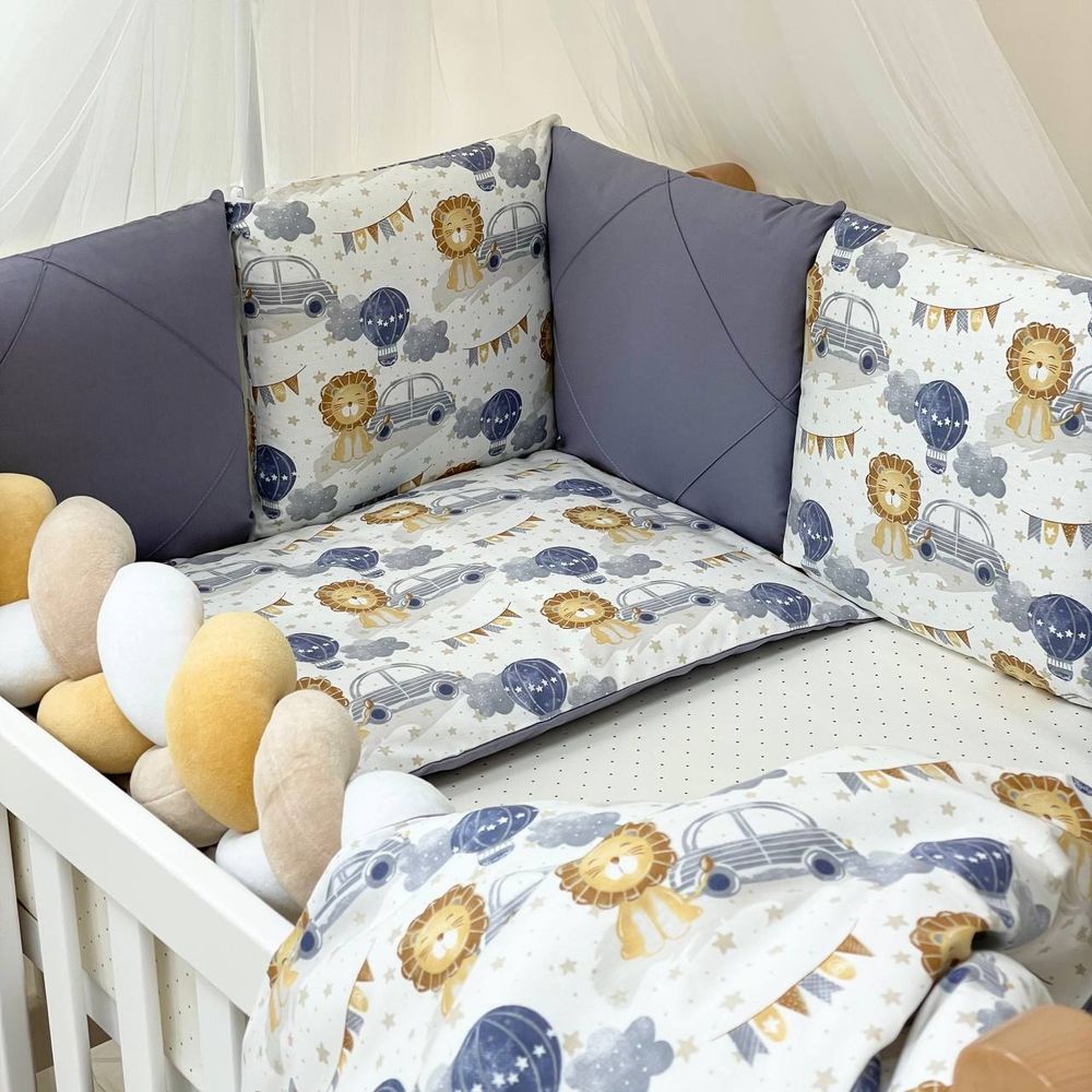 Комплект в ліжечко з бортиками та бортиками косою Lion cub Blue, с балдахіном