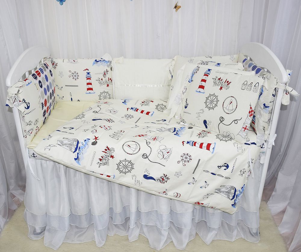 Постільні комплекти в ліжечко для новонароджених МОРСЬКІ ПРИГОДИ 8 подушечок кремовий