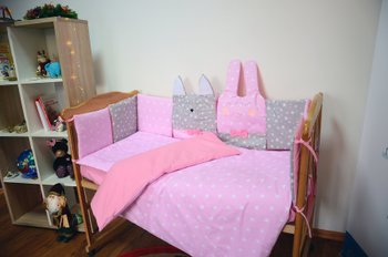 Защитные бортики в кроватку Зая - Кися серо розовая звездочка, бортики без постели