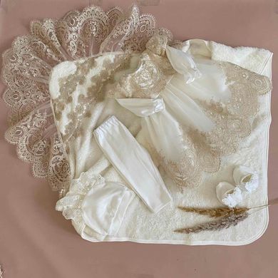 Крестильный комплект Бежевая Лилия с нарядным платьем и теплой крыжмой, Молочный, 56, Интерлок