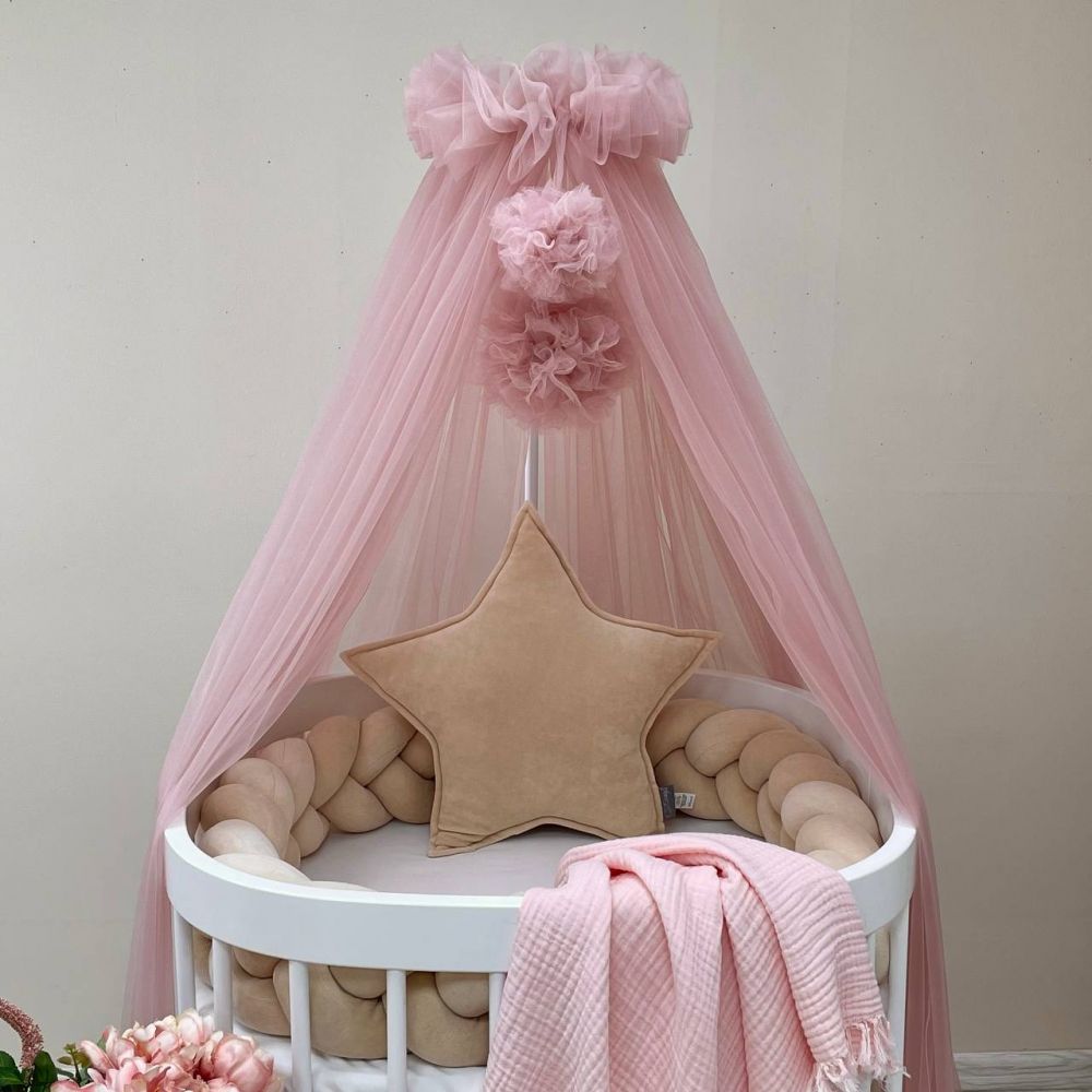 Балдахин в кроватку новорожденным пудра с помпонами, Пудра, Сеточка
