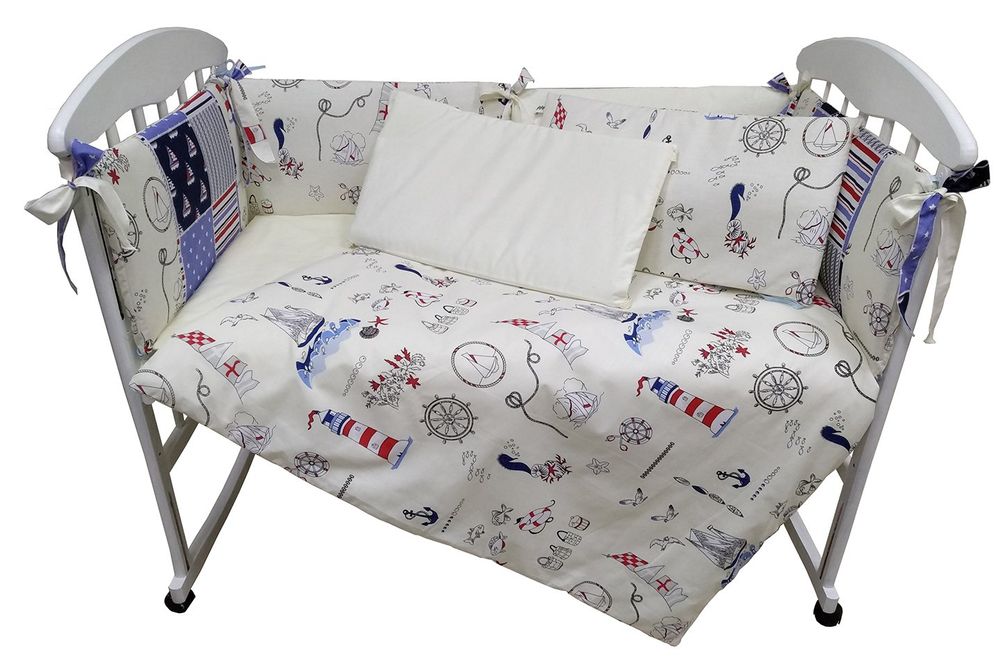 Постельные комплекты в кроватку для новорожденных МОРСКИЕ ПРИКЛЮЧЕНИЯ 6 подушечек кремовый, без балдахина