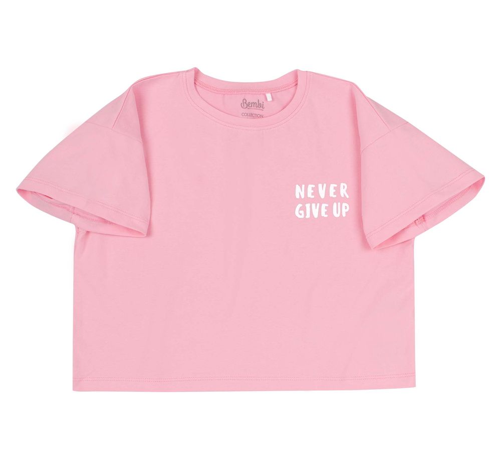 Літня дитяча футболка Never give up для дівчинки супрем рожева