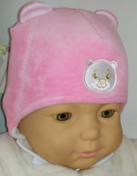 Утепленная велюровая шапочка для малышей и новорожденных Мишутка розовая