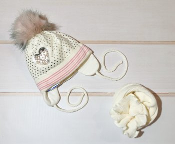 Тепла шапка ПЕРЛИННЕ СЕРЦЕ-4 для дівчинки + шарф, на термосінтепоне