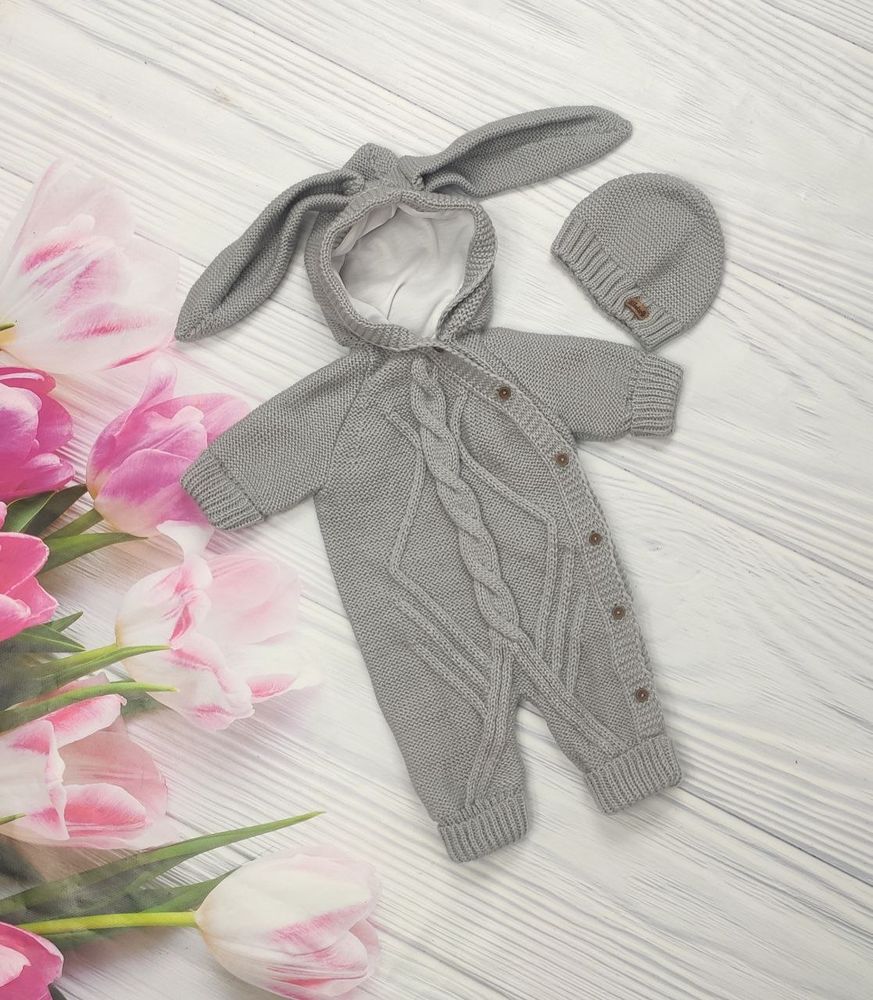Теплый комплект на выписку с роддома bunny серый, 56, Вязаное полотно, Модели унисекс