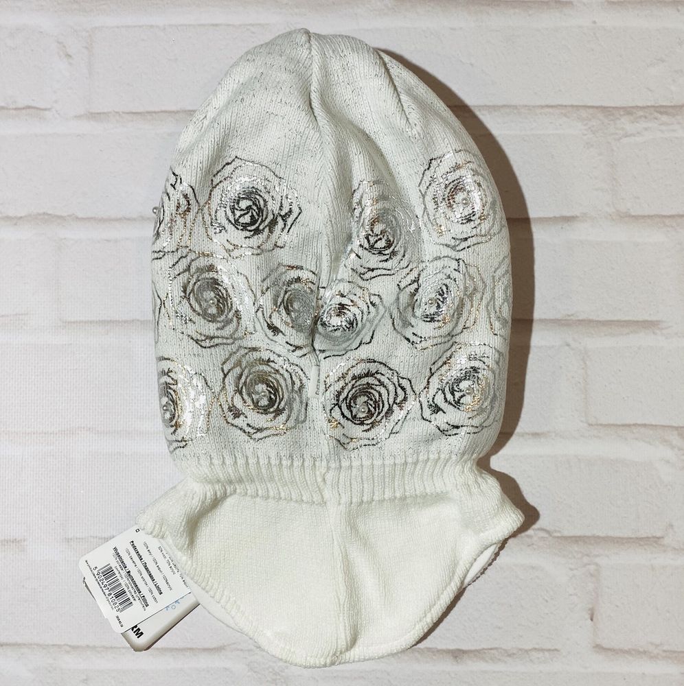 Зимняя шапка - шлем СЕРЕБРИСТЫЕ РОЗЫ - 2 для девочки, обхват головы 46 - 48 см, Вязаное полотно