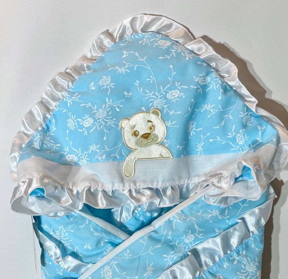 Конверт - одеяло на выписку МИШКА НЕПОСЕДА голубой, Весна-Осень, силикон