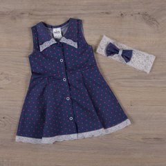 Платье + повязка для малышей джинс горошек малиновый