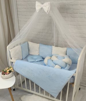 Дитячий постільний набір у ліжечко для новонароджених з балдахіном та бортиками Мінки + бортики коса блакитний