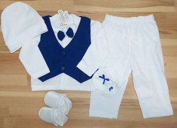 Крестильный комплект для малышей Бой 6 предметов: кофта на кнопках спереди, штанишки, жилетка, шапочка, антицарапки, пинетки-туфельки