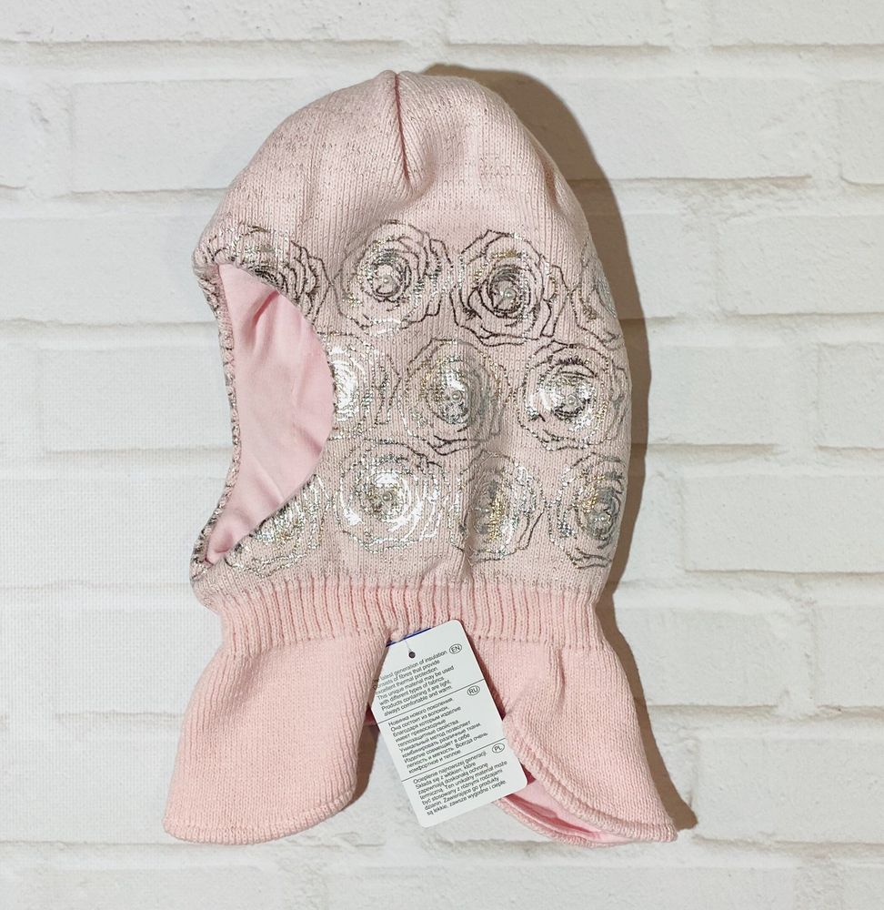 Зимняя шапка - шлем СЕРЕБРИСТЫЕ РОЗЫ 3 для девочки, обхват головы 46 - 48 см, Вязаное полотно