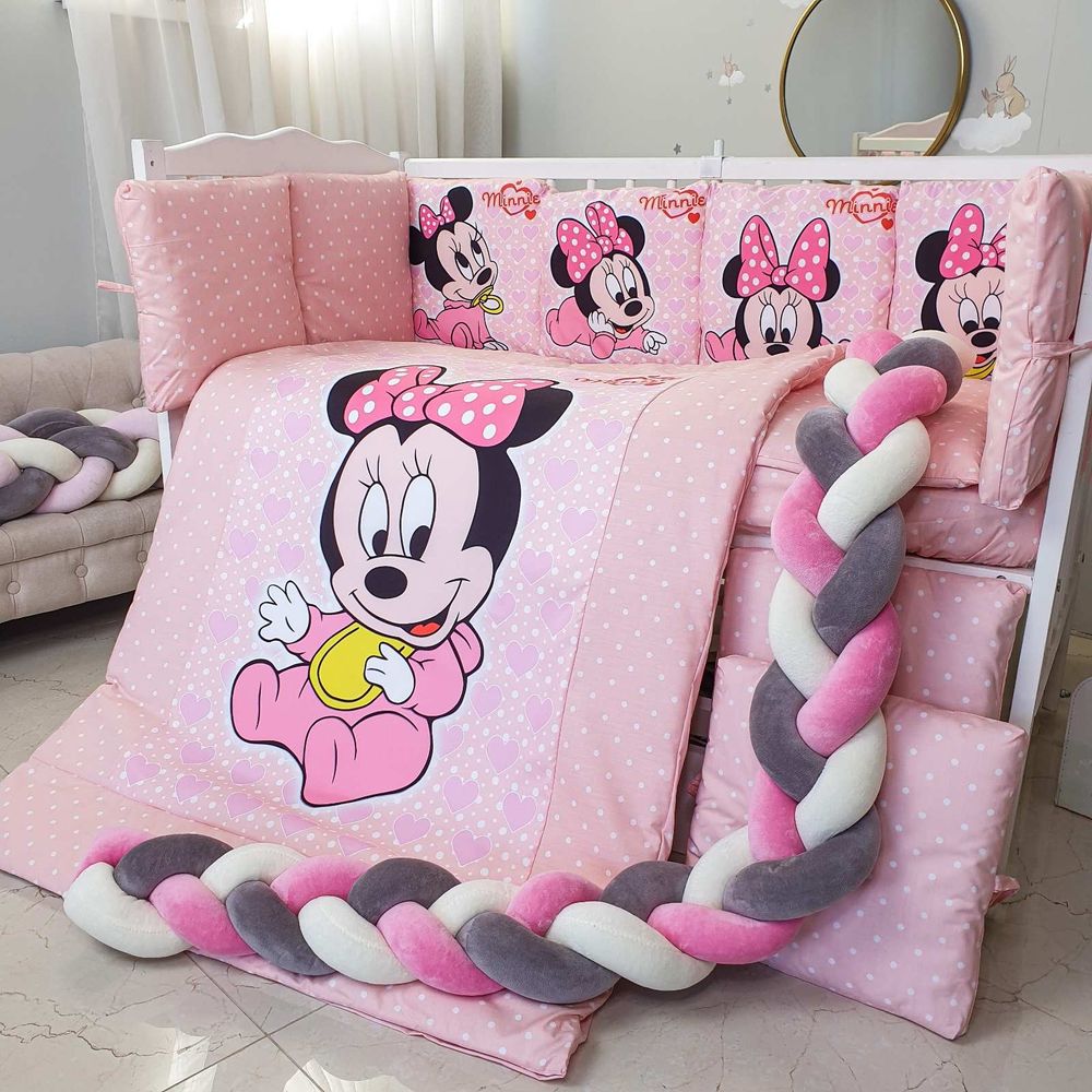 Постельный комплект в кроватку с бортиками Малышка Микки подушки + КОСА розовый, без балдахина
