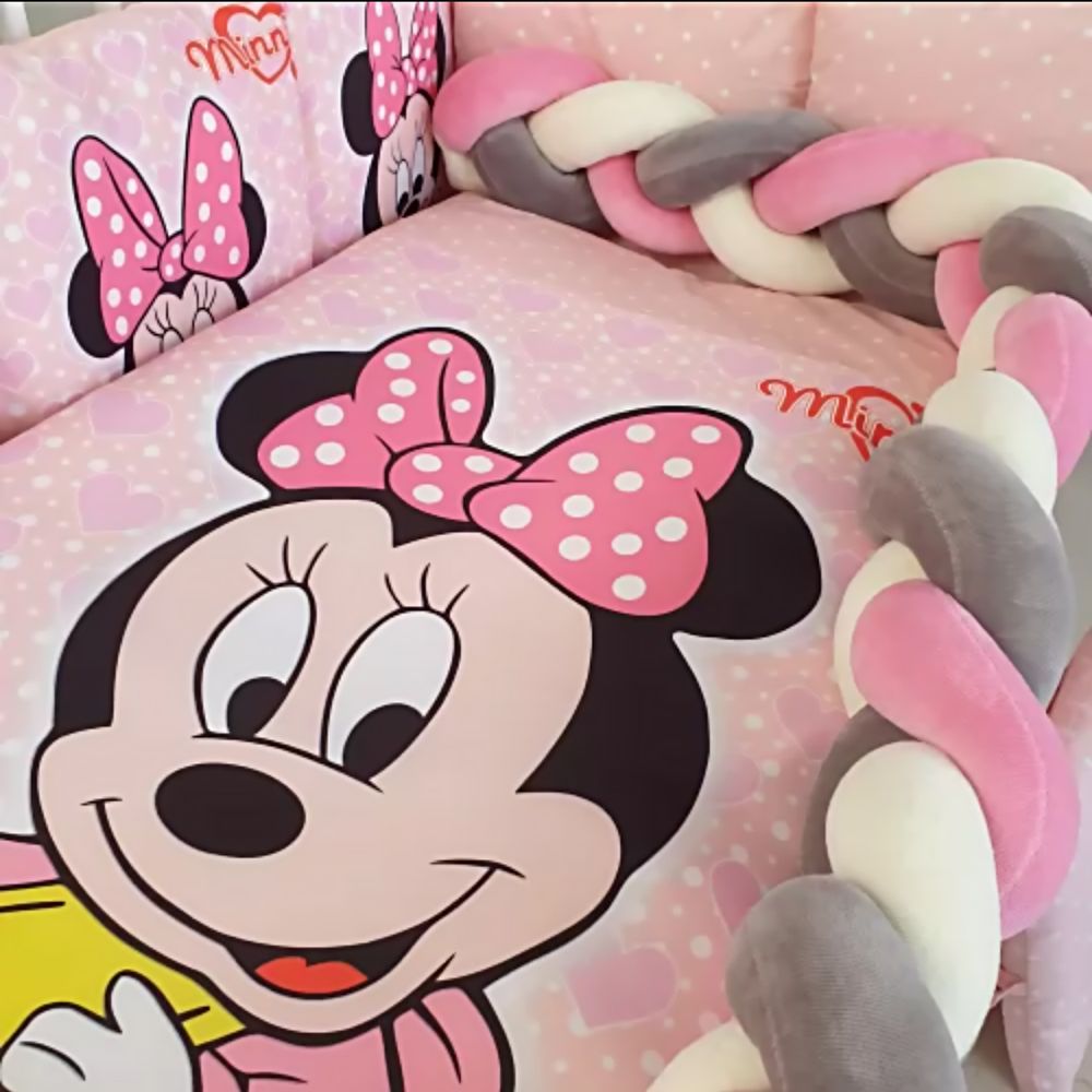 Симпатичний постільний комплект в ліжечко з бортиками Малятко Міккі Подушки + КОСА рожевий